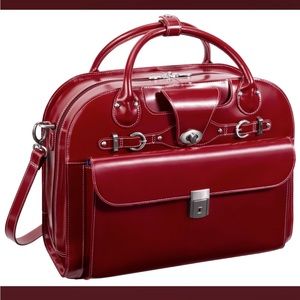 McKlien Roseville Leather Rolling Briefcase in Red with tan interior